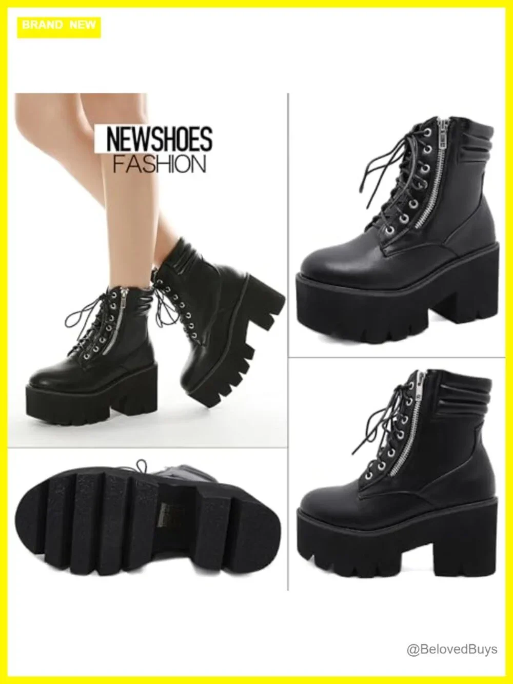 Women's Round Toe Platform Ankle Boots Chunky Heel Lace Up Zip Combat Boots